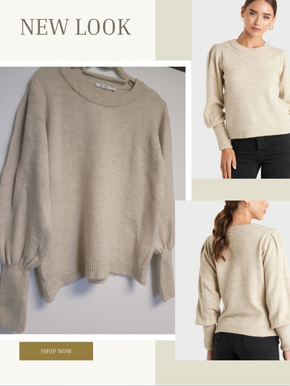 NA-KD Puff Sleeve WideRib Knitted Sweater - Size L Cream Beige